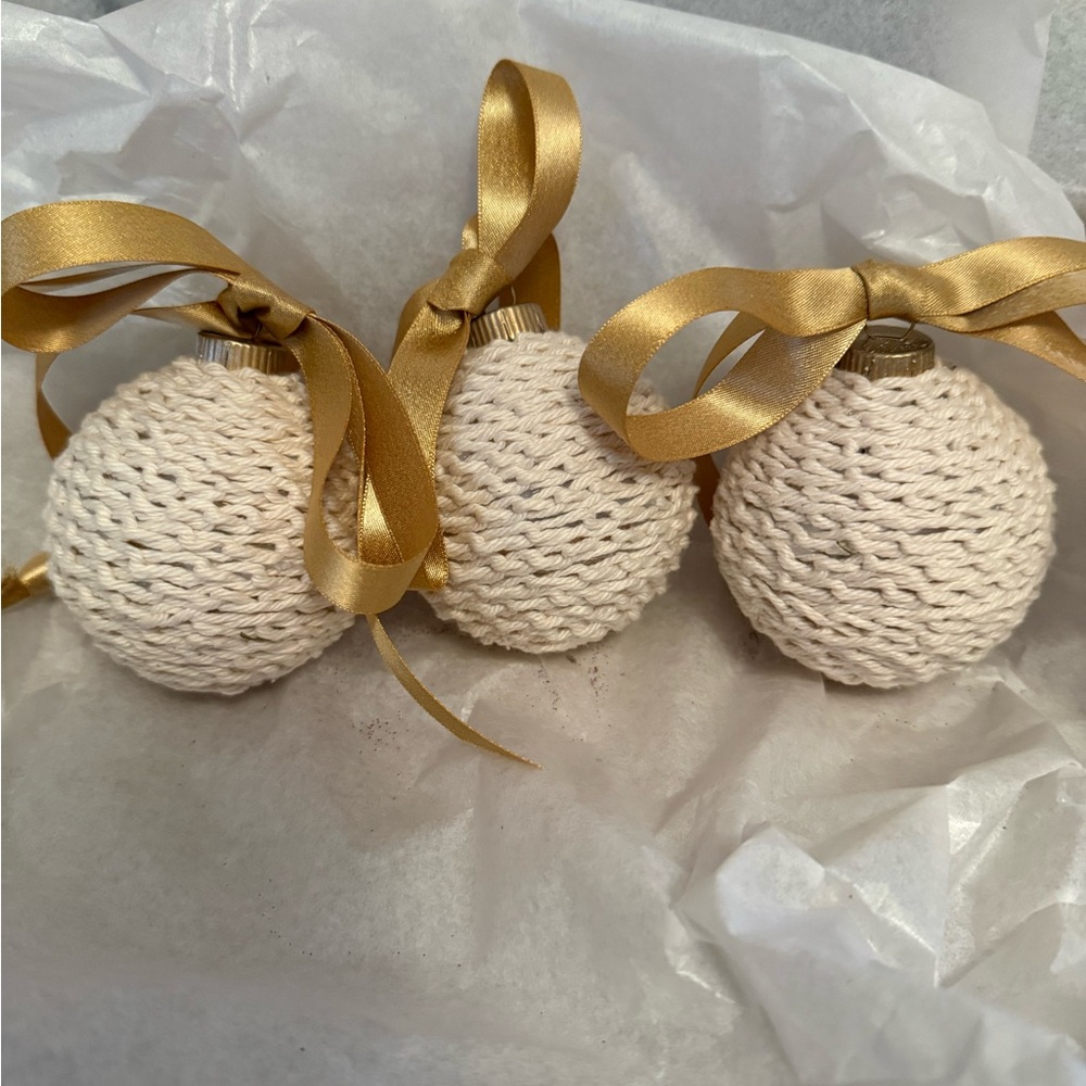 Handmade Cream Knit Holiday Ornaments with Gold Ribbon